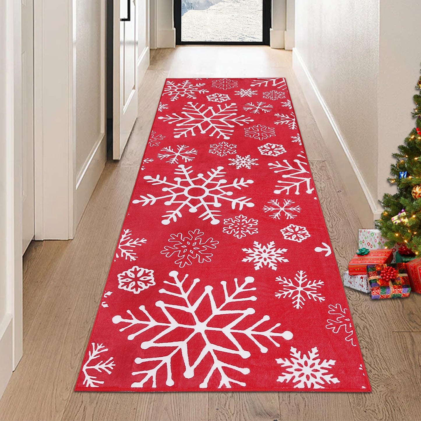 LuxFocus Runner, 60 x 180 cm, Christmas decoration, rug for hallway, Christmas, indoor decor, soft red carpet, snowflake pattern, kitchen, hallway, runner, machine washable, non-slip, 60