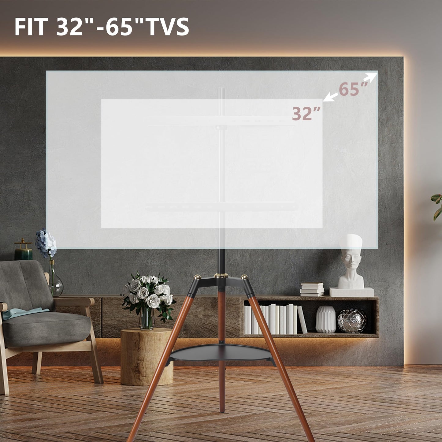 ETHU Tripod TV Stand Wooden TV Easel for 32-65 inch TVs, Height Adjustable TV Floor Stand with Media Shelf for LED/LCD Screens, TV Stand with 140° Swivel Function VESA 600x400mm