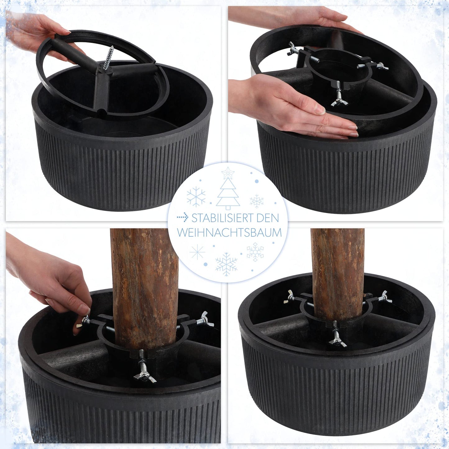 KADAX Christmas tree stand made of recycled plastic, for real trees up to 150cm tall. Graphite color.