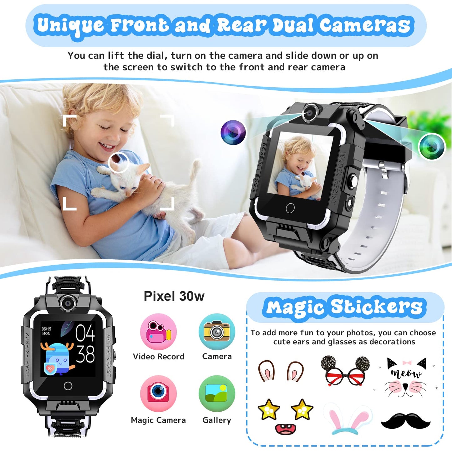 Children's GPS tracker smartwatch for boys and girls, 4G video & phone call with 360° rotation, kid's GPS watch for 4-12 years old, perfect for Christmas & birthday gifts (T10 black)