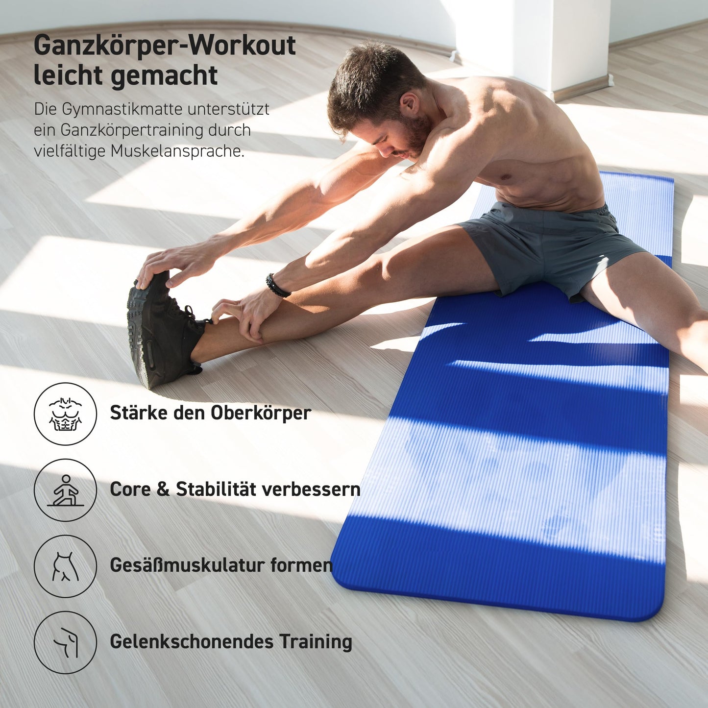 MSPORTS Gymnastics Mat Premium incl. carrying strap + exercise poster + workout app I skin-friendly fitness mat 190 x 60 x 1.0 cm - royal blue - phthalate-free yoga mat