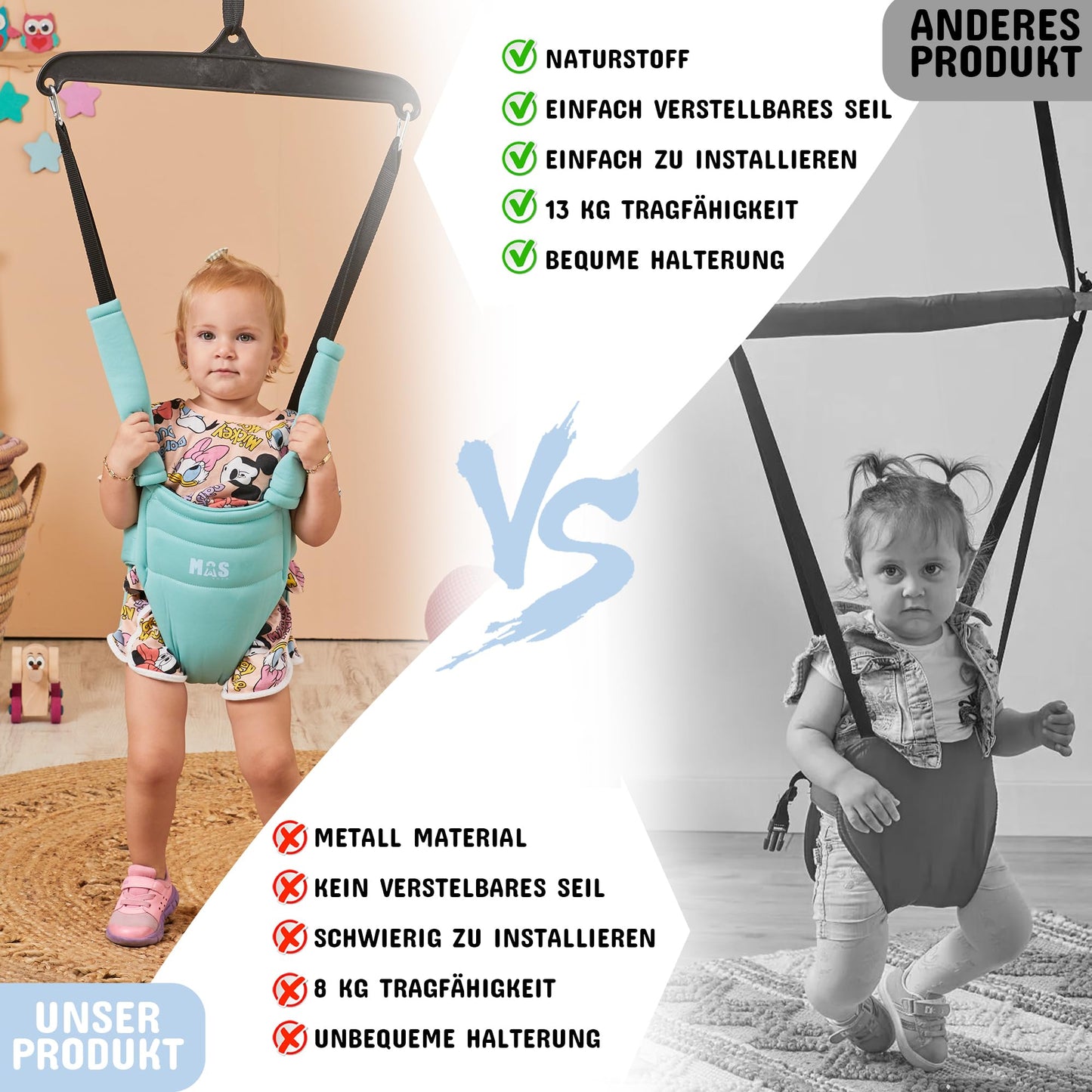 MOAS SHOP® Door Jumper Baby: Door Swing Baby, Baby Jumper, Age 4-24 months, Max Capacity 13kg, Ergonomic Seat with Harness, Adjustable Height, Door Frame Swing, Steel Anchor, Wipeable | Turquoise |