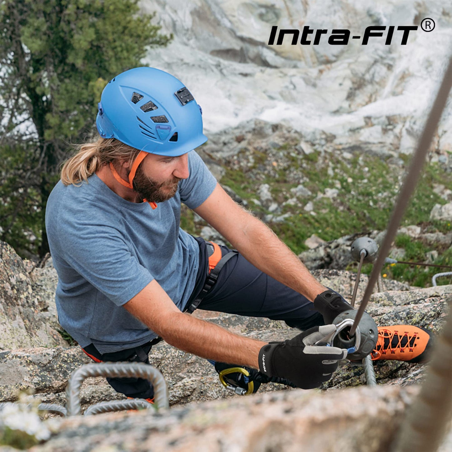 Intra-FIT climbing gloves with synthetic leather construction provide abrasion protection for rappelling, mountaineering, adventure, outdoor sports, and rescue.