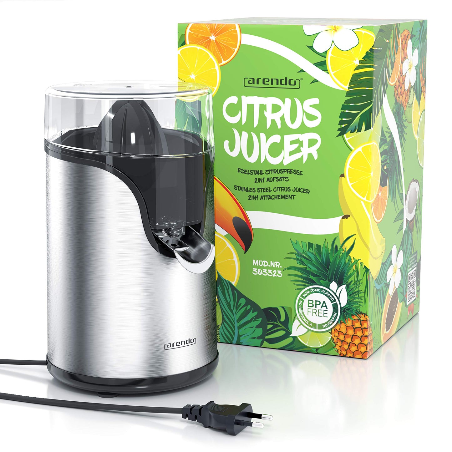 Arendo - Electric stainless steel lemon squeezer - Juicer, orange squeezer, lime squeezer - Start-stop automatic function - large and small juicing cones - strainer insert - BPA free