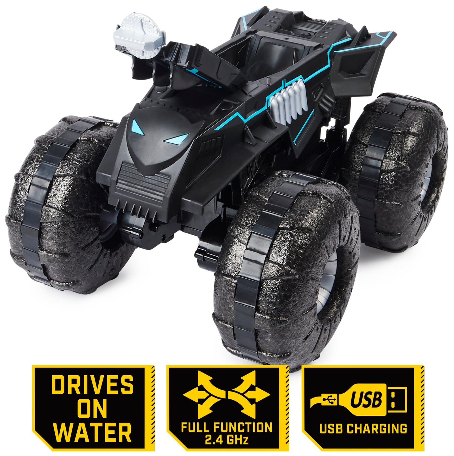 DC Batman All-Terrain Batmobile, remote-controlled amphibious vehicle for land and water with room for 1x 10cm Batman action figure.