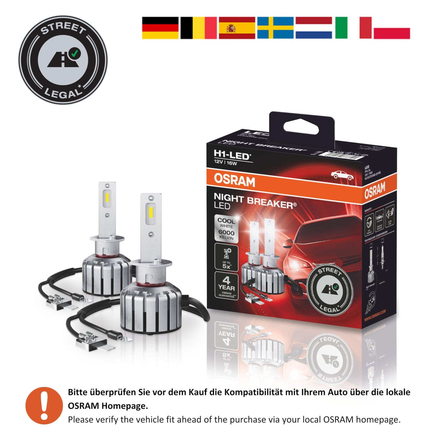 Osram NIGHT BREAKER H1-LED; up to 40% less glare; first road-approved H1 LED retrofit lamp.