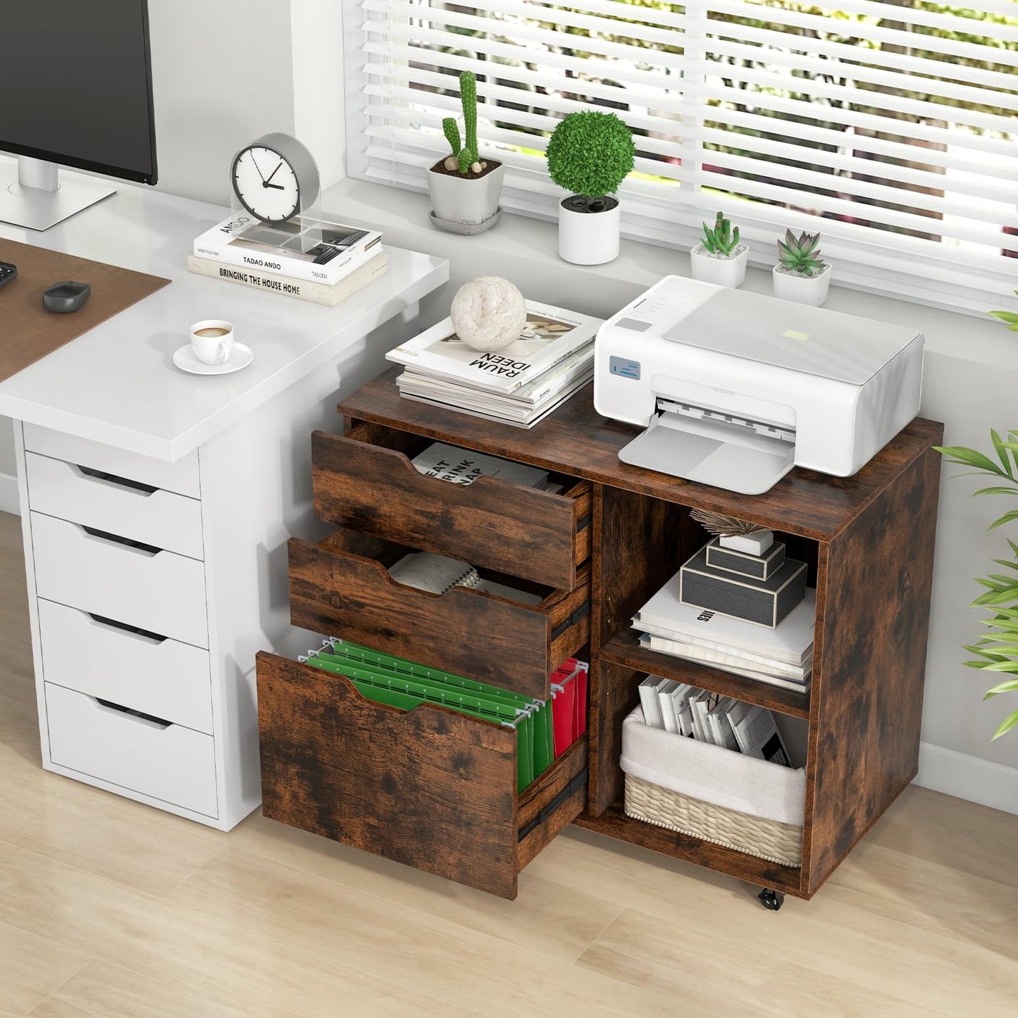 COSTWAY rolling cabinet with 3 drawers, file cabinet with wheels and open compartments, printer stand, office cabinet for documents in DIN A4, letter format, legal format (Rustic Brown)