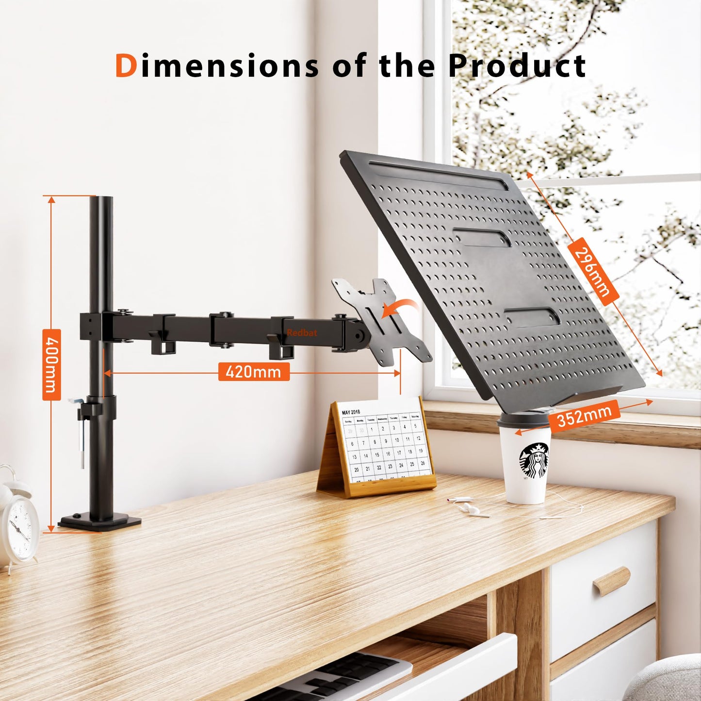 Redbat monitor arm with ventilated laptop tray, fully adjustable for 13 to 32 inch LCD LED screen & up to 16 inch notebook, 2 mounting options, tilt, swivel & rotate