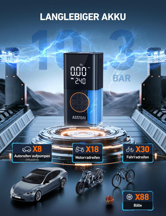 AstroAI Wireless Electric Air Pump, Portable Battery Bike Pump with all valves, LED light, Rechargeable Tire Pump for Bike, E-bike, Car, Motorcycle, Balls, Black