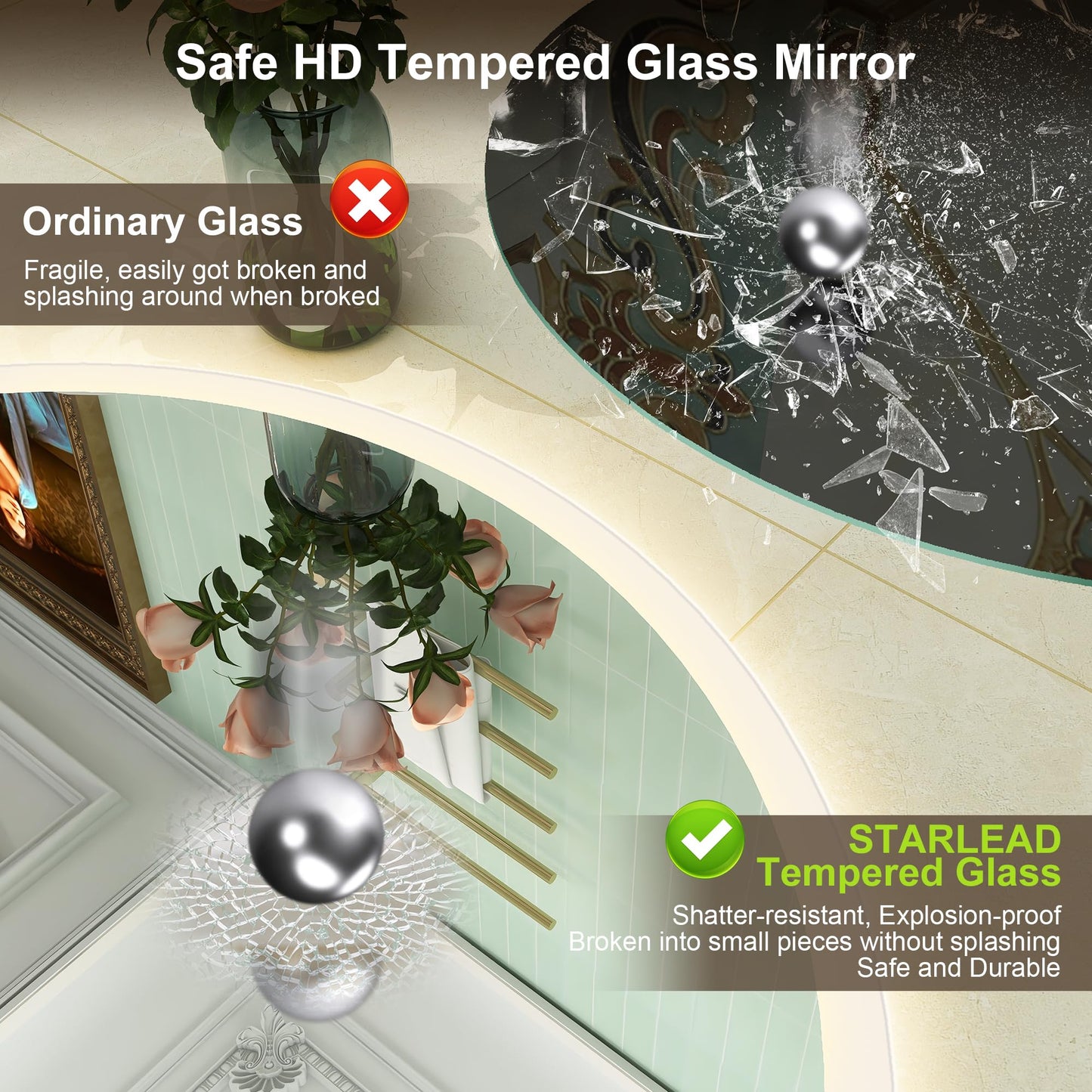 STARLEAD 80cm Round Bathroom Mirror with LED, Bluetooth, Dimmable, 3 Color Temperature, Defogger, Memory Function, HD Tempered Glass, IP44 Waterproof