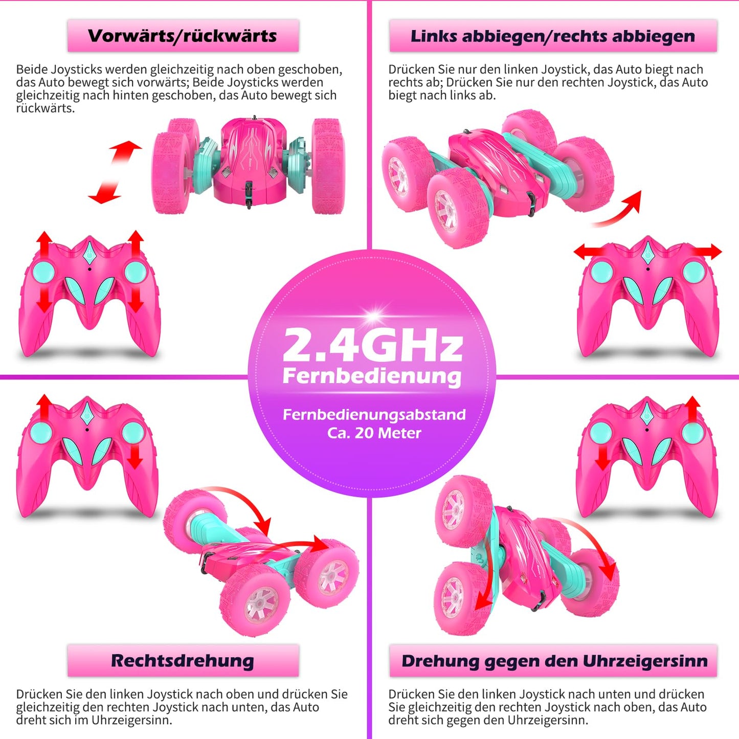 Rodzon Remote Control Car Crawler for Girls Ages 3 4 5 6 7 8 9+ LED Blinking Toy Girls Gifts Kids Toy 2.4Ghz 4WD 360° Flip RC Car with 2 Rechargeable Batteries (Pink)