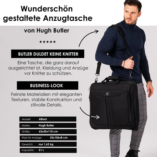 HUGH BUTLER Garment Bag Travel Bag - Men's Suit Bag - Foldable Suit Cover for 3 Suits - Wrinkle-Free Clothing - Black Garment Bag