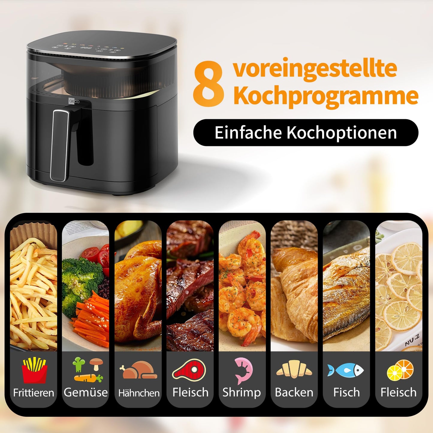 aeco TOUCH AirFryer 5.7 liter, hot air fryer with 270° illuminated viewing window & digital touch display, 1700 watts, adjustable from 80°-200°, 8 programs, includes recipe book.