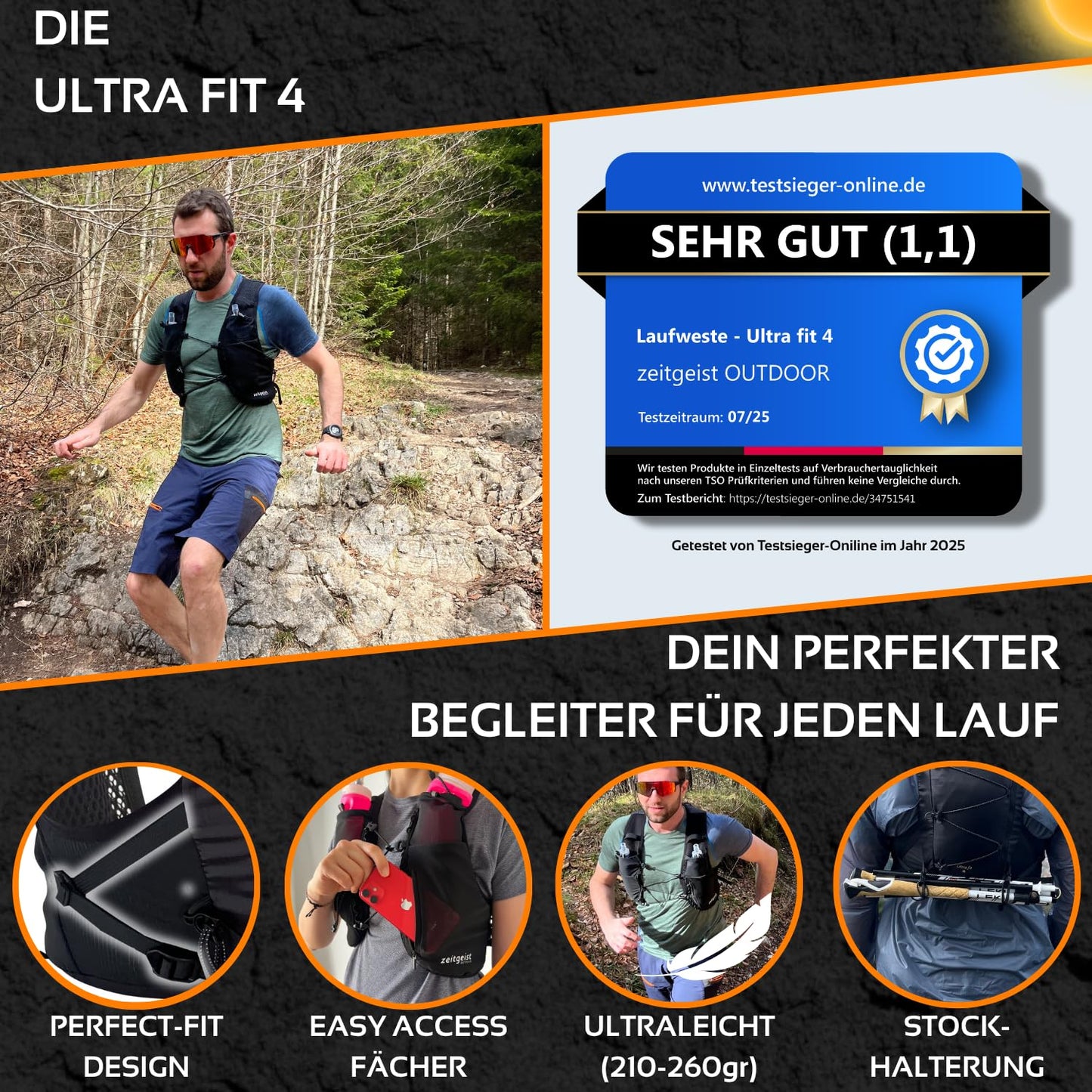zeitgeist OUTDOOR® running vest for women and men 4L | optimal fit | breathable | ultra-light running backpack 210gr hydration pack running cycling backpack trail running backpack - (XS/S, black)