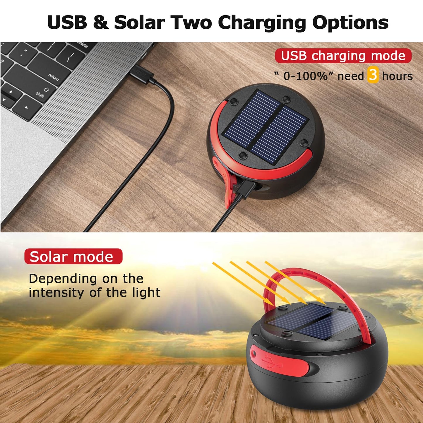 GlobaLink LED Camping Lantern Foldable Solar Camping Lantern Power Bank with 2 Charging Methods (Solar/USB) and 3 Light Modes for Camping, Fishing, Emergency - includes Survival Bracelet with Whistle (Red)