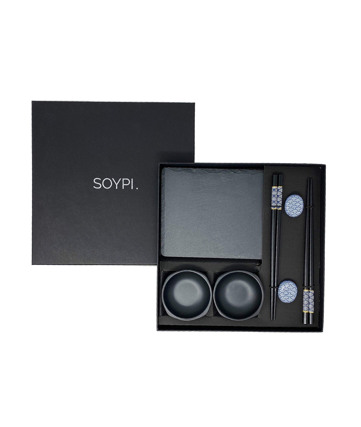 Soypi Sushi Set for 2 - black, 10 piece sushi dish set with chopsticks, slate plates, trays, bowls, delivered in high-quality gift box as a perfect couple's gift.