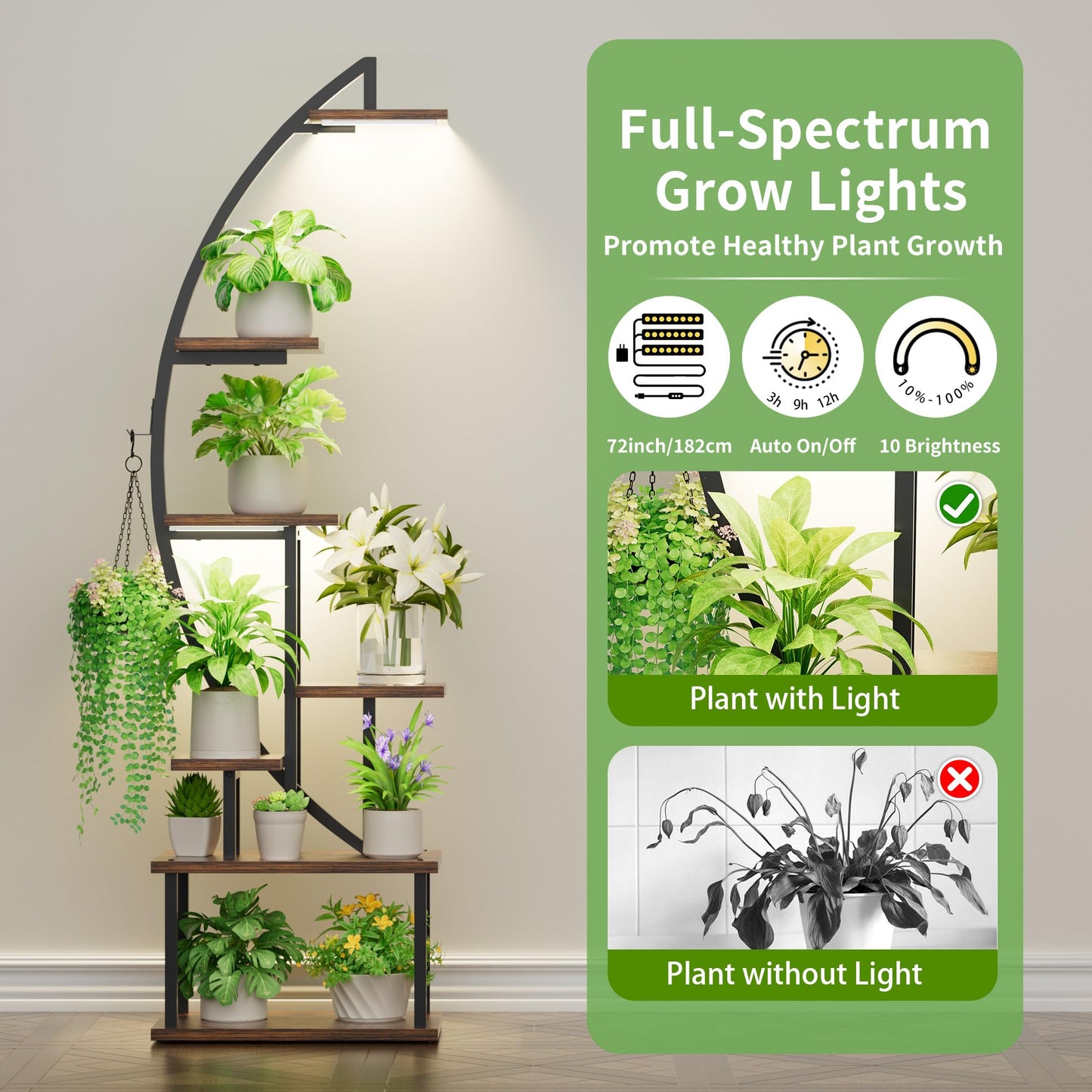 BACEKOLL Plant Stand with Grow Light - 7 Tier Flower Stand 165cm Metal Wood Plant Shelf - Indoor & Outdoor Flower Ladder - Decorative Black Plant Stand for Interior Garden Balcony 2 PACK