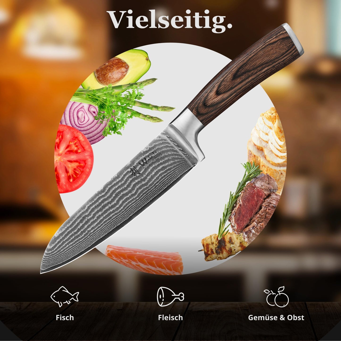 Wakoli EDIB Damascus Santoku Knife, 17cm blade, 67 layers of Damascus steel, VG10 core & Pakka wood handle. Sharp kitchen knife, Damascus knife in gift box for amateur & professional chefs.
