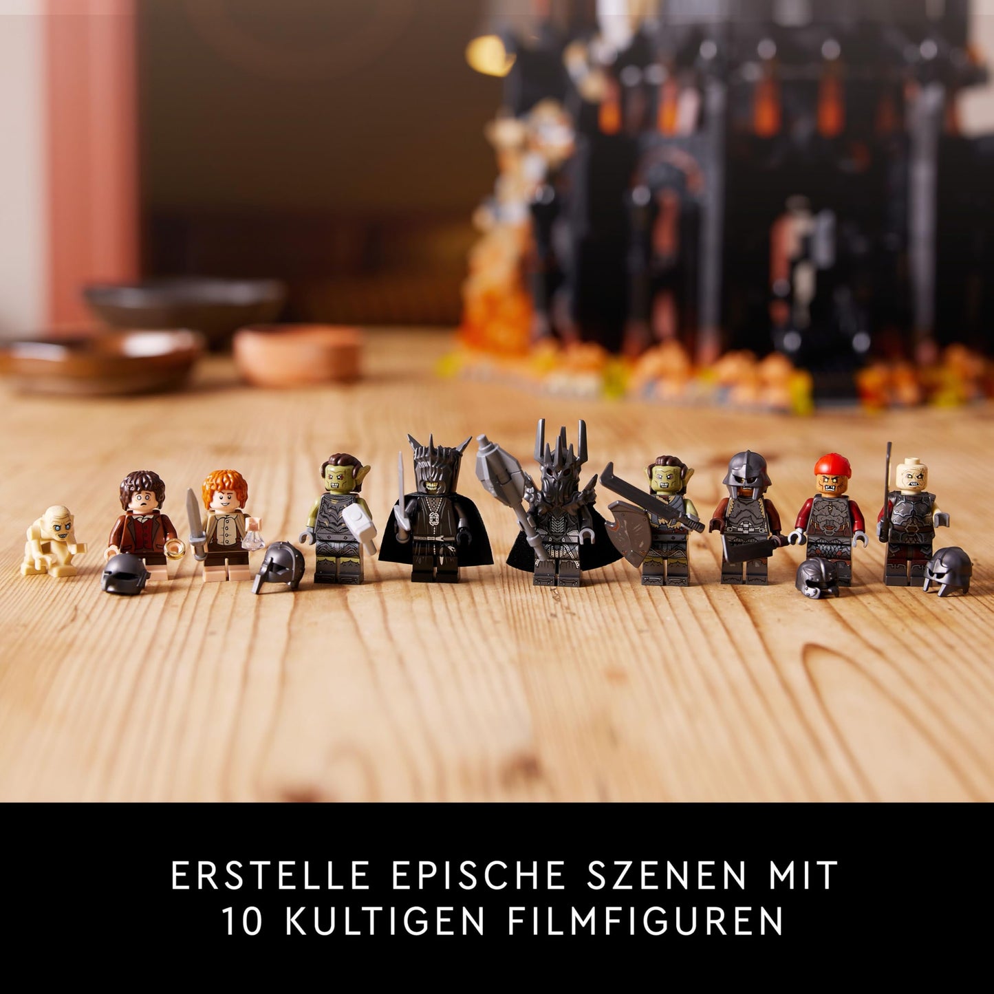 LEGO Icons The Lord of the Rings: Barad-dûr, adult building set featuring minifigures Sauron, Gothmog, Orc, Frodo, Sam, and Gollum. A film collectible and fan favorite. Item 10333.