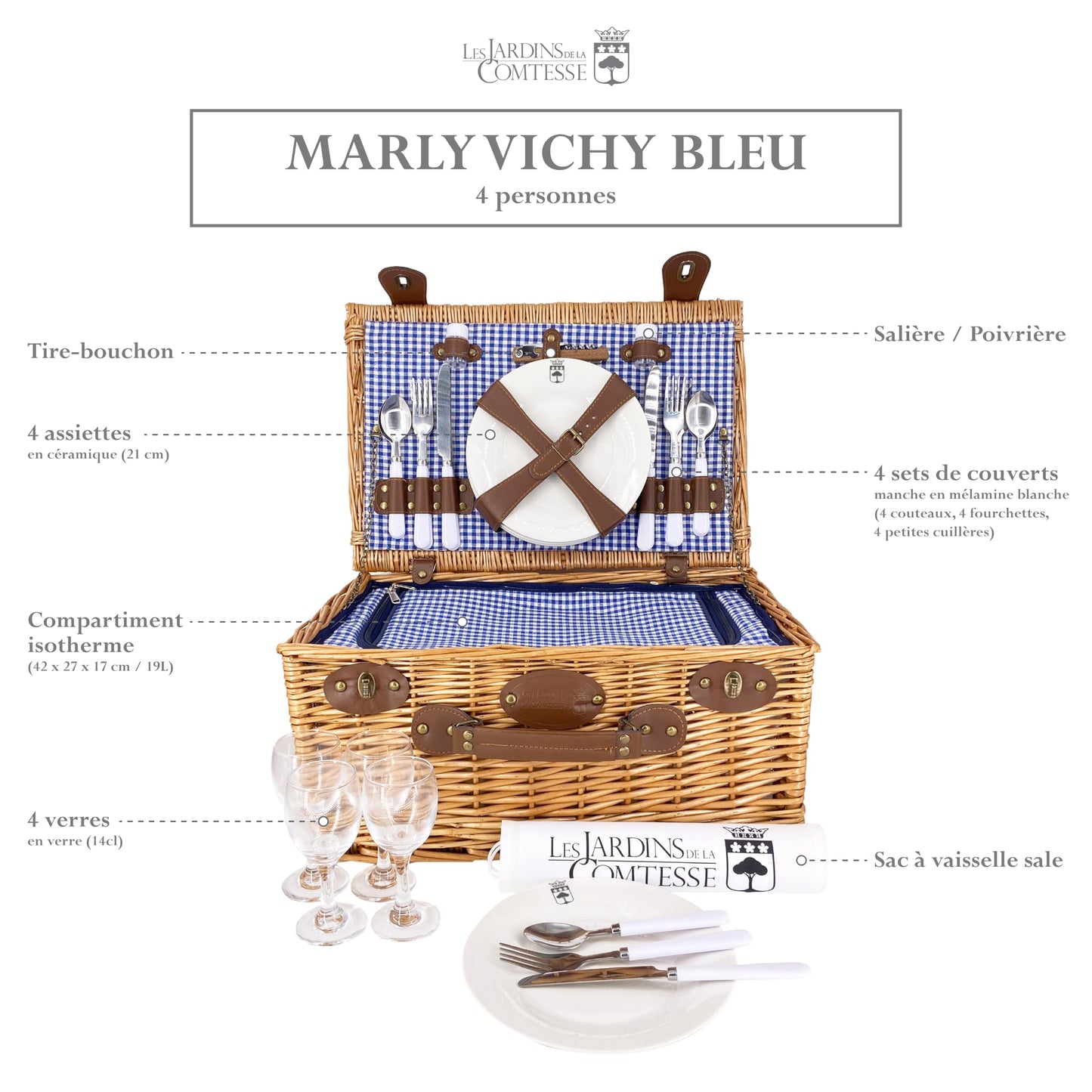 The Countess's Gardens - Marly Picnic Basket - Vichy fabric - complete - 4 people - cooler compartment - ceramic plates and glass wine glasses - 46 x 31 x 20 cm