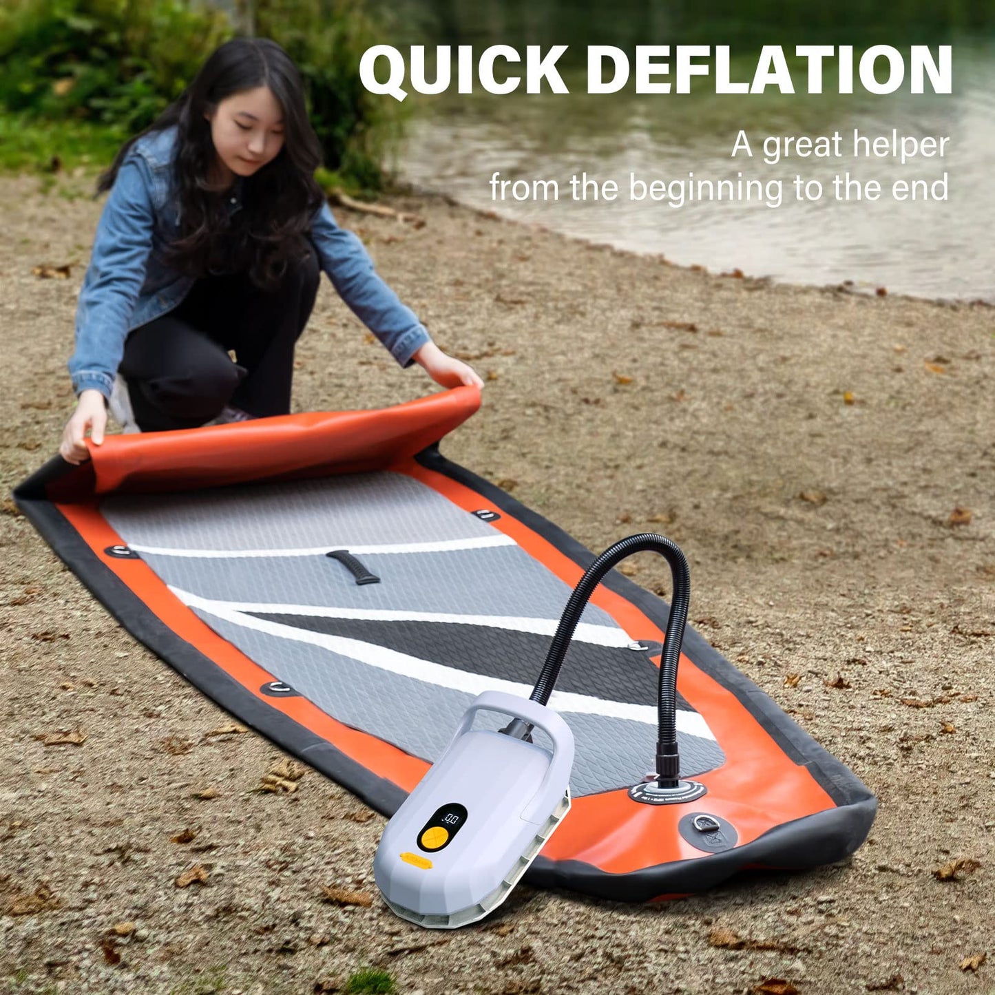 AIRBANK 7800mAh 20PSI SUP electric air pump with rechargeable battery, 12V DC car adapter, inflation and deflation function for paddleboards, surf kites, kayaks, mattresses