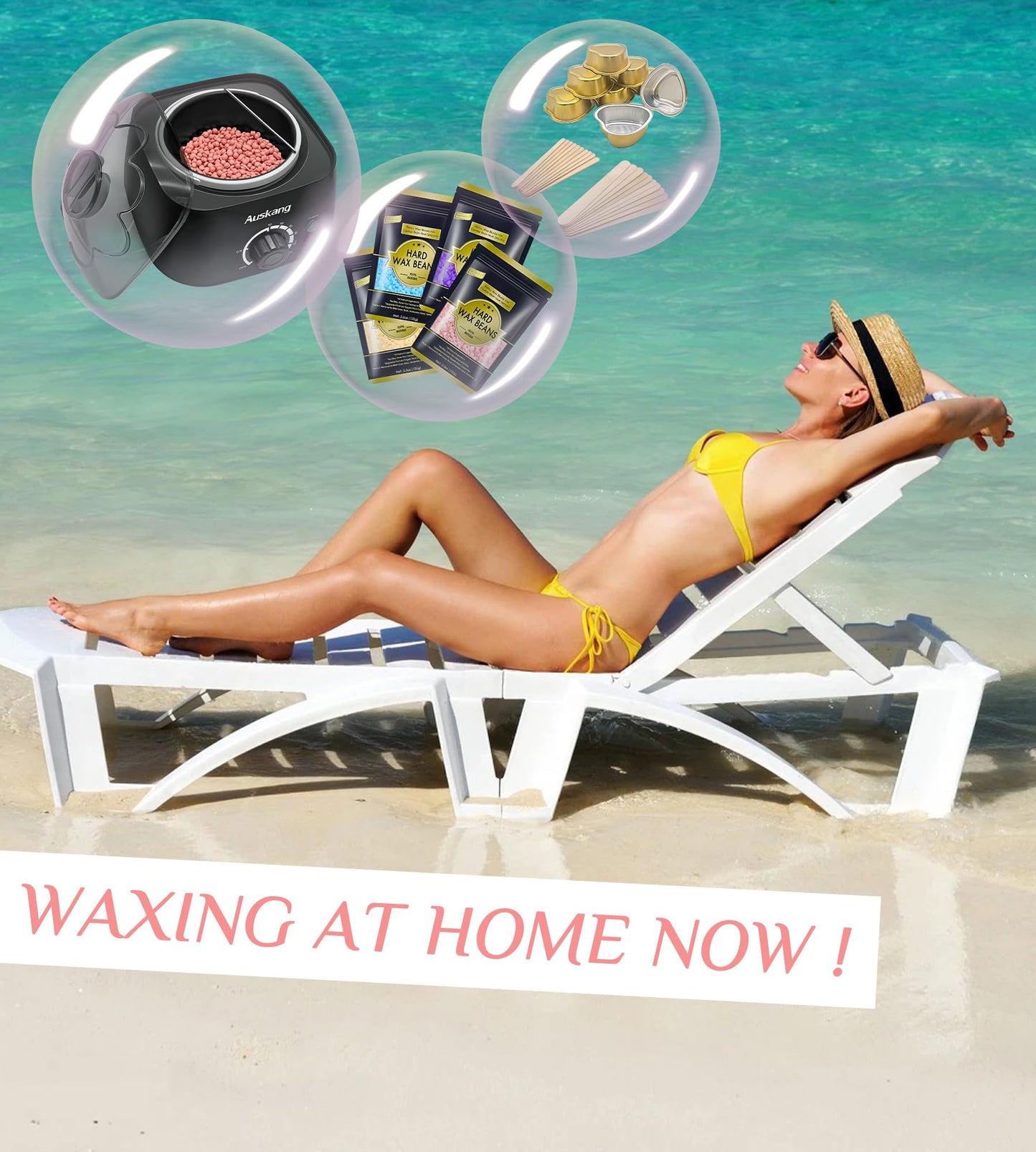 Ausang Wax Hair Removal Wax Warmer with Wax Beads (4X100g) and 20 Wooden Spatulas, Removable Inner Pot, Updated Waxing Hair Removal Set for Eyebrow/Face/Underarm/Bikini/Leg