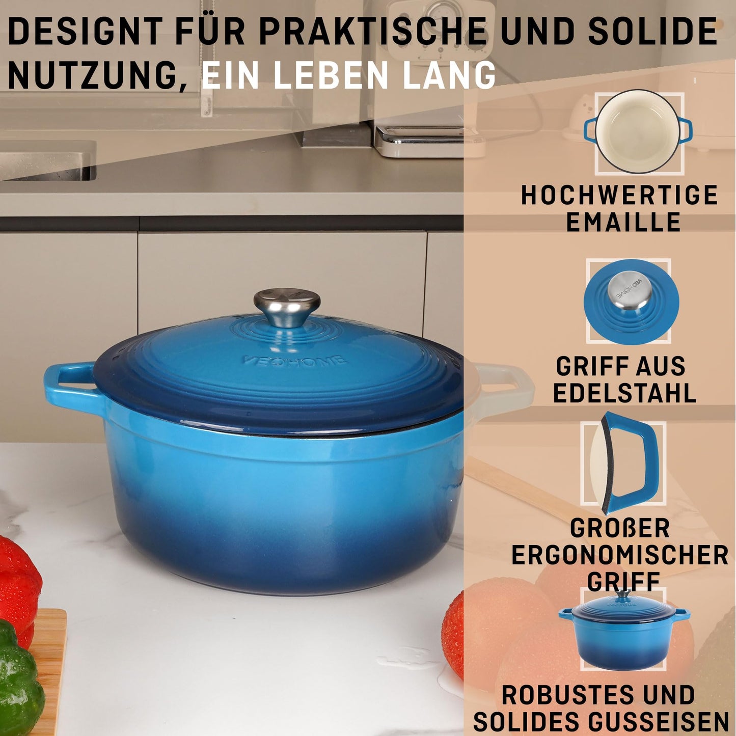 VeoHome Cast Iron Pot 6L | Roaster | Cast Iron Pot Blue - Braising Pot | Roasting Pot | Frypan | Cooking pot| Stews or roast dishes Stew, Bread baking | Dutch Oven | Oven safe | Enamel