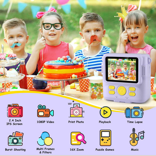 GREENKINDER Kids Camera Instant Camera, 1080P 2.4 Inch Instant Camera for Kids with Printing Paper & 32G Card, Kids Digital Camera with Colored Pens, Gift for Boys and Girls 3-12 Years