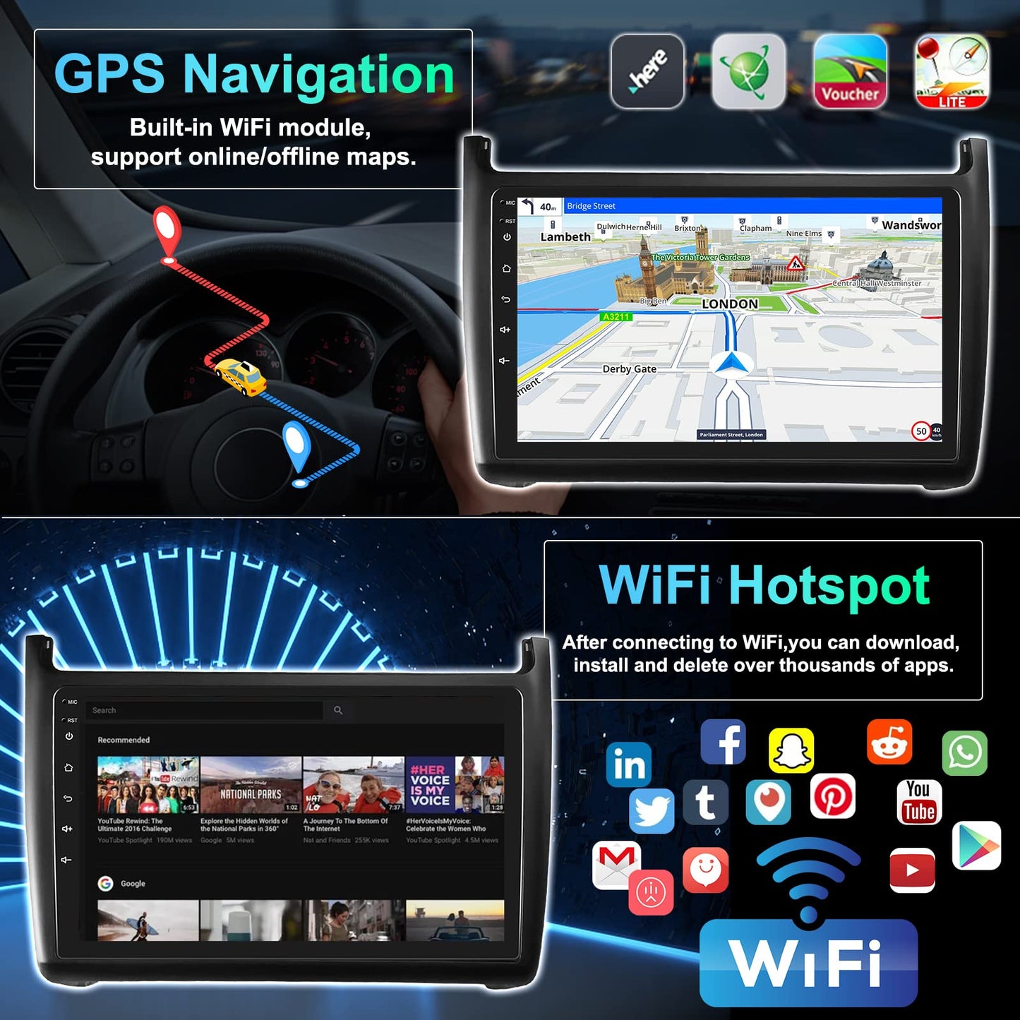 CAMECHO Android 13 car radio for VW Polo 6R 6C 9N 2008-2016, HiFi Carplay Android Auto RDS, 9" screen Double Din car radio with navigation FM WiFi Bluetooth and USB+backup camera.