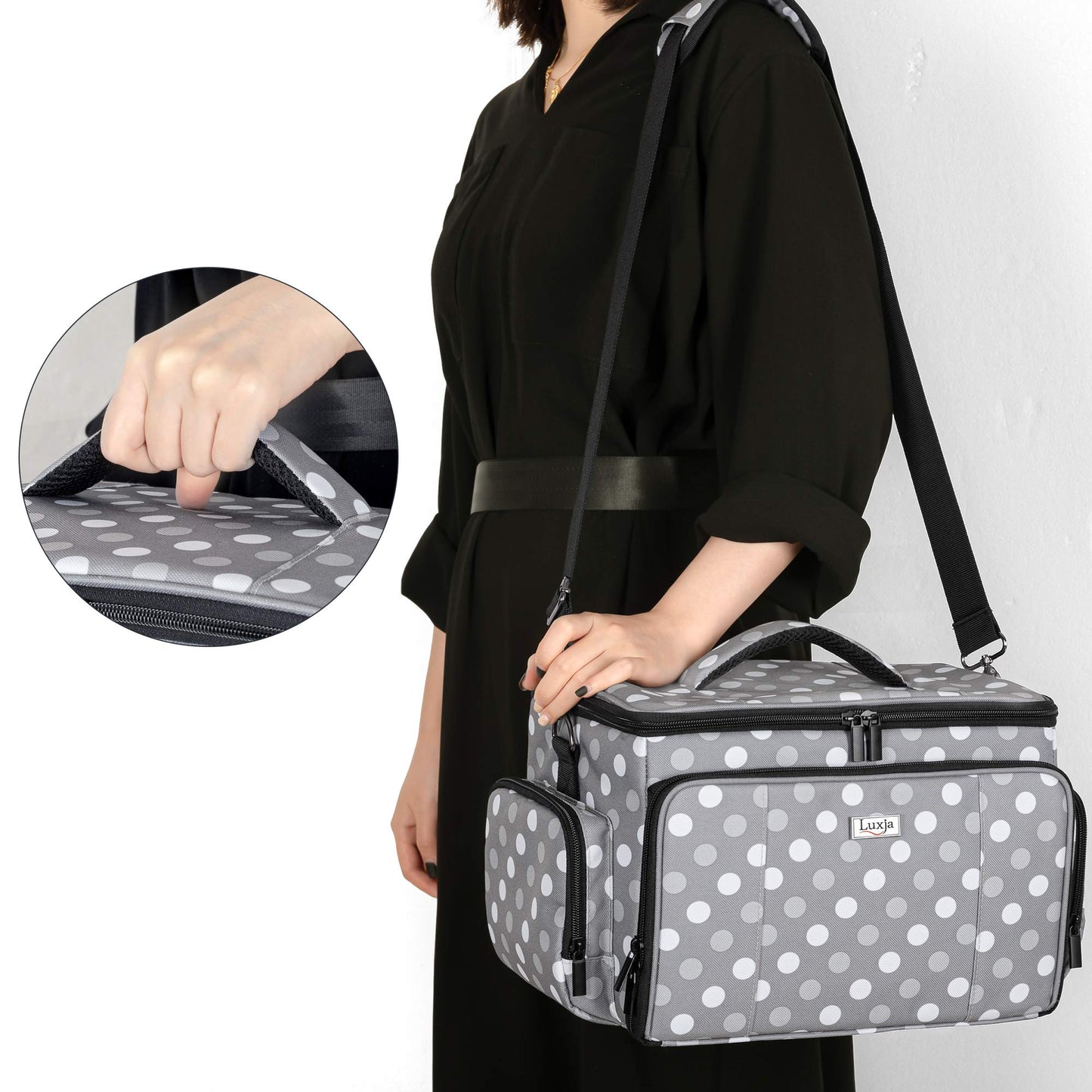 Luxja Sewing Kit Storage, Sewing Accessories Bag Organizer for Beginners, Travelers, Carrying case for sewing machine accessories and sewing tools, Gray Dot