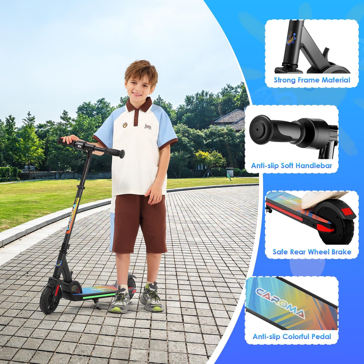 Caroma E-Scooter for kids aged 6-14, 180W motor, 16 km/h, 80 mins ride time, adjustable speed and height, colorful lights, LED display, foldable kids electric scooter