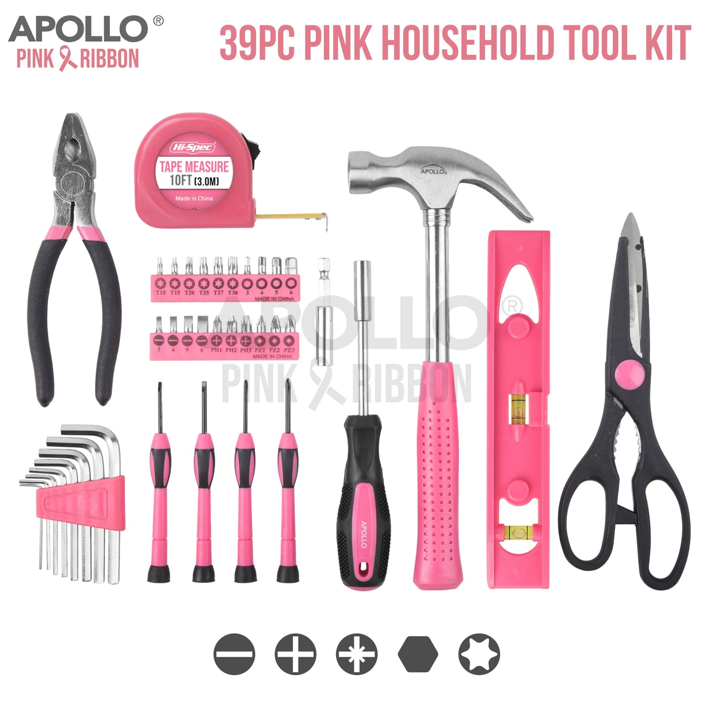 Apollo Pink Women's Tool Kit Small, 39-piece tool set for the household, tool kit set with tools in pink, including hammer and screwdriver set - Ideal gift for women.