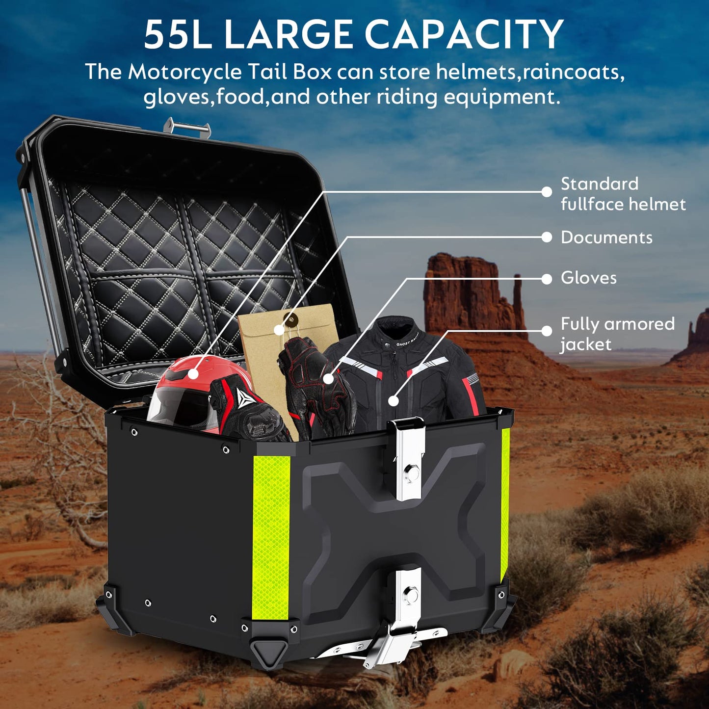 Motorcycle top case, 55L top case for scooter Waterproof top case Aluminum motorcycle trunk Travel motorcycle case with security lock for motorcycle helmet Helmet, Waterproof motorcycle top box (Black)