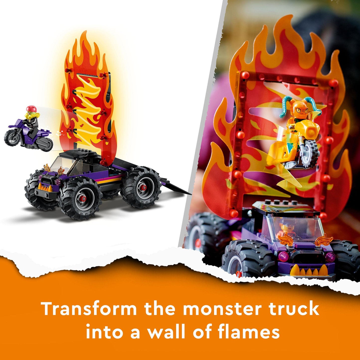 LEGO 60339 City Stuntz Stunt Show Double Loop Set, includes ramp, monster truck, 2 motorcycles, and 7 minifigures. Toy for kids ages 7 and up.