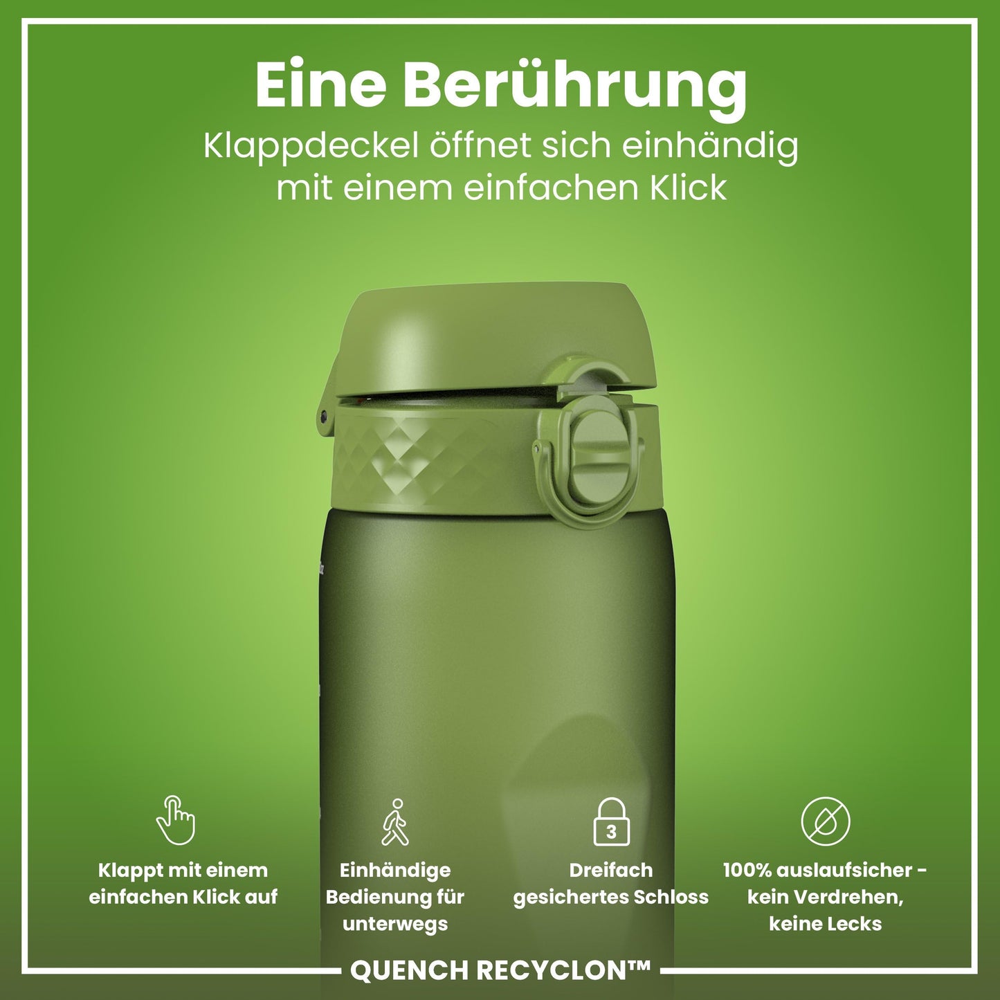 ion8 1 liter water bottle, 1000ml, leak proof, one-handed opening, secure locking, dishwasher safe, BPA-free, carrying handle, easy to clean, perfect for sports and gym, khaki green