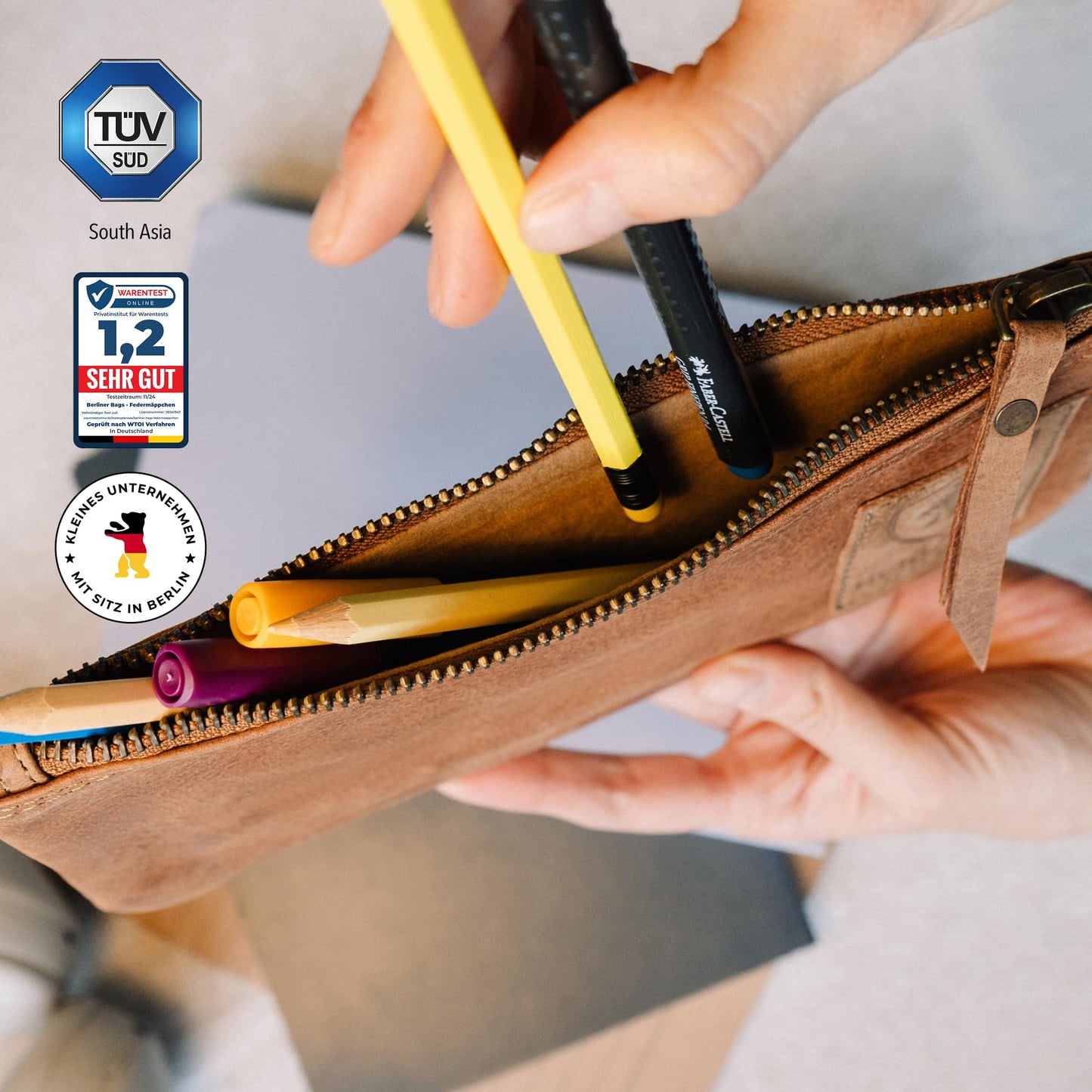 Berlin Bags Vintage leather pencil case with YKK zipper, durable pen pouch for pencils and accessories - Brown.