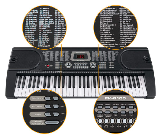 McGrey SK-6100 Keyboard Super Kit - beginner instrument with 61 keys - 255 sounds and accompaniment rhythms - learning functions - includes keyboard stand, stool, microphone, and headphones - black