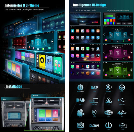 Erisin 9" 8-Core 4GB+64GB Android 13 Car Radio 2din with GPS Navigation for Mercedes Benz A/B Class W169 W245 Sprinter Viano VW Crafter WiFi CarPlay Bluetooth Android Auto DAB+ RDS DSP FM IPS Touchscreen