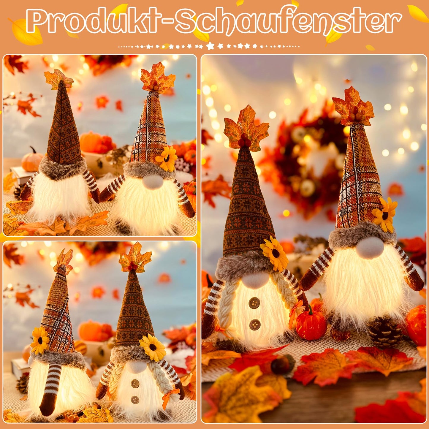 ACAREY Autumn Decor Gnomes with Light 2-Pack Large 35cm Plush Gnome Figures Halloween Decor with LED Christmas Decor Fall Harvest Illuminated Gnomes