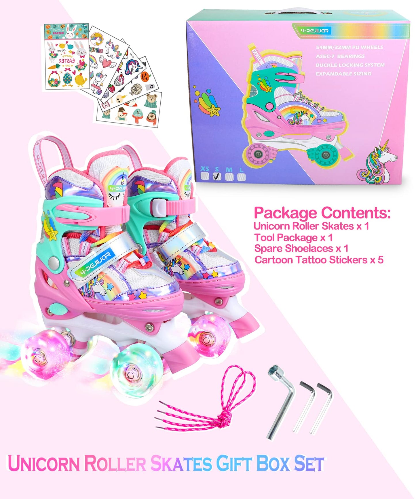 Children's unicorn roller skates for girls. Suitable for ages 6-12. With glowing wheels, 4-wheel adjustable beginner quad roller skates for Christmas and birthday gifts.