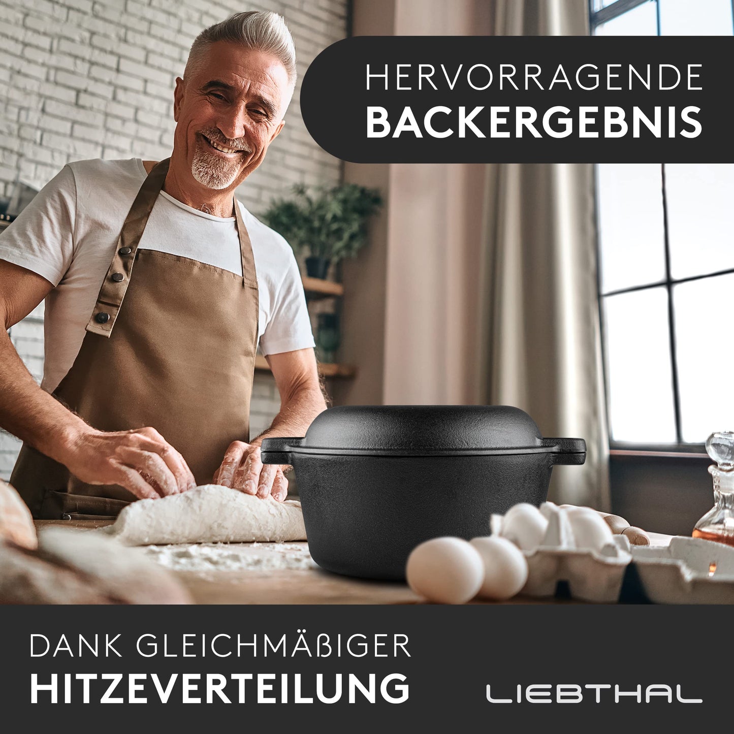 LIEBTHAL Cast Iron Pot Bread Baking - Durable bread pot with precise non-stick silicone insert - Pre-seasoned bread loaf pan with lid 4.6 L - Bread baking pot, roasting & stewing.