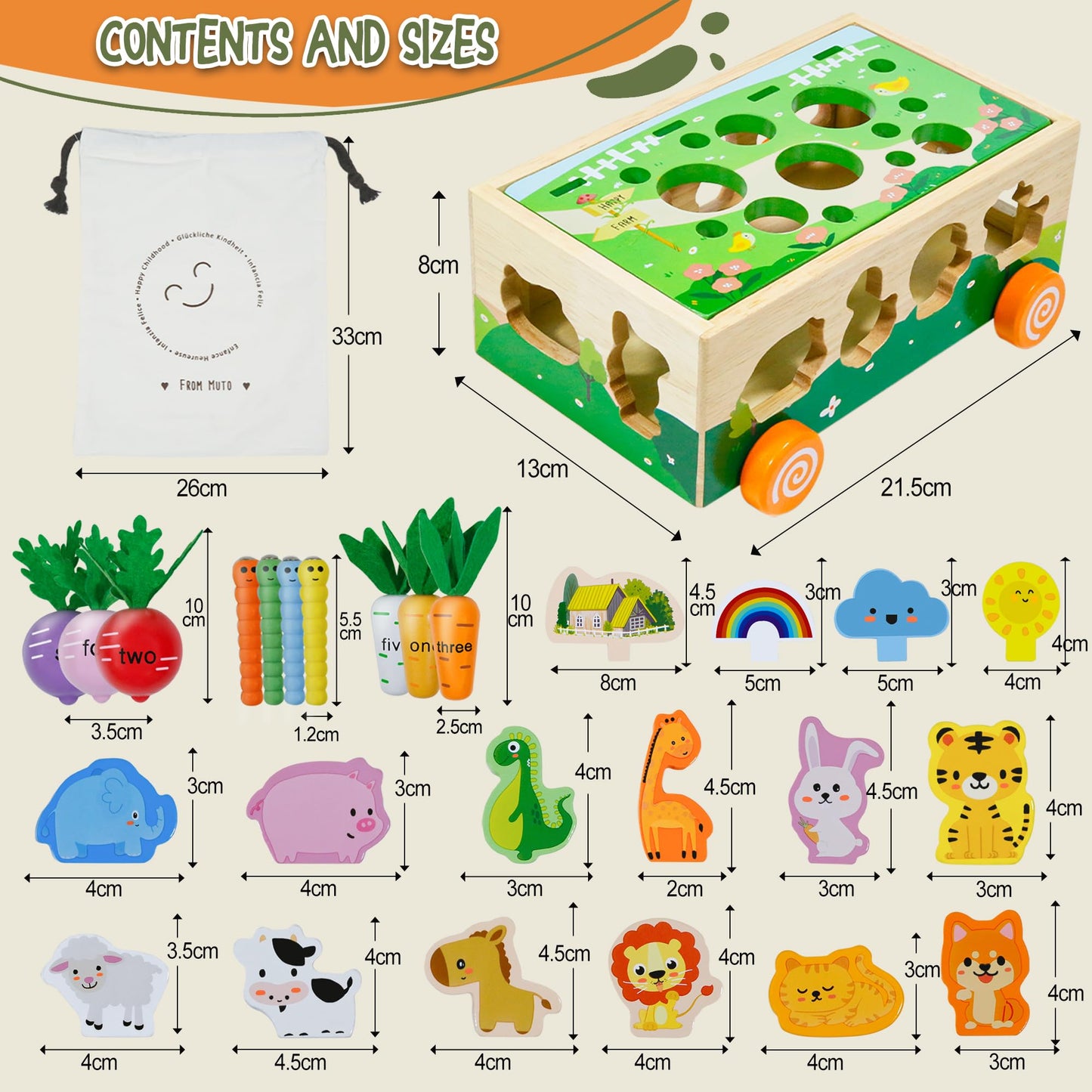MutoToy® Montessori Toy for 1 year olds, 6 in 1 Multifunctional Wooden Toy for 1 2 3 year old kids, Farm Motor Skills Toy made of wood, Animal Sorting and Stacking Learning Toy Gift for Girls Boys.