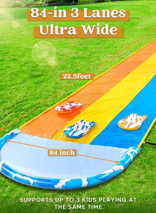 JOYIN 22.6ft Triple Water Slide and 3 Boogie Boards, durable lawn water slides, water slide and sprinkler for kids, adults, backyard, summer, water toys, outdoor fun.