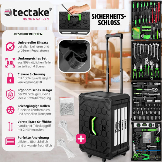 tectake® Tool Set in Aluminum Case, Tool Box filled 899 pcs., Tool Cart on wheels, Trolley with 4 drawers, Telescopic handle, Large Tool Box for professionals and household - black