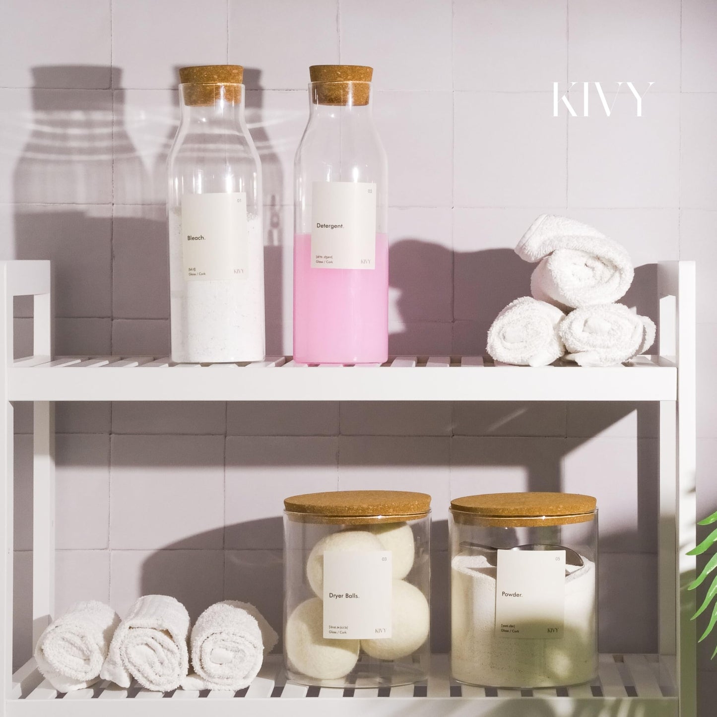 KIVY glass detergent dispenser 4-pack with labels - fabric softener storage laundry detergent storage liquid - liquid detergent dispenser - container for powdered detergent storage box organizer