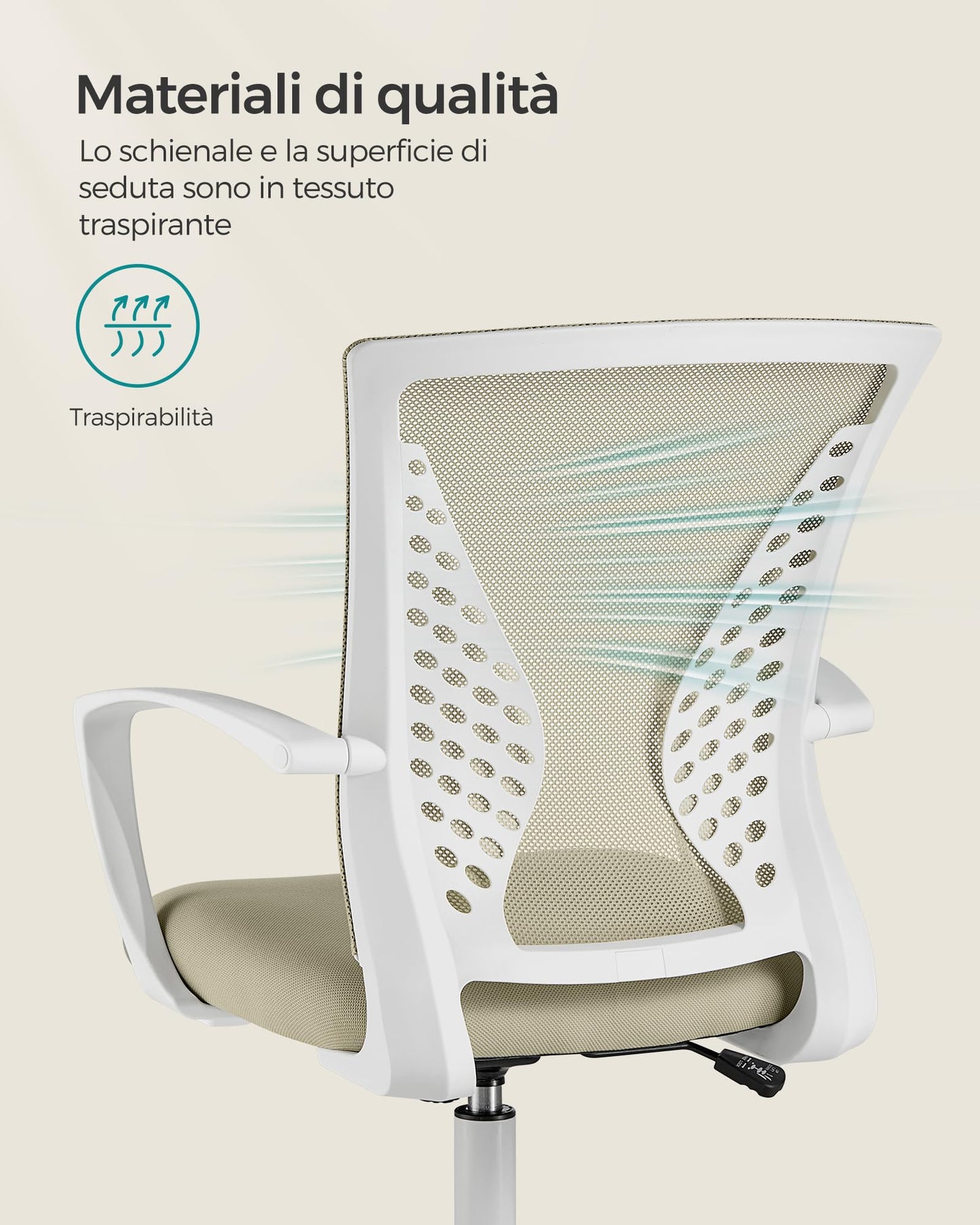 SONGMICS office chair with mesh backrest, adjustable height, swivel function, breathable fabric, suitable for office and home office, supports up to 120 kg, in cappuccino beige color OBN022K01