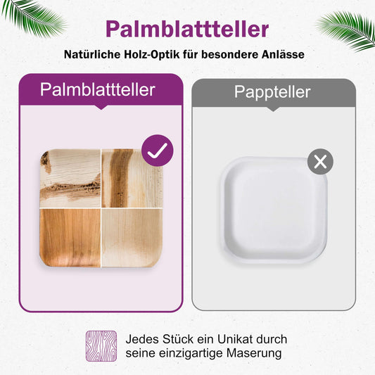 Waipur Organic Palm Leaf Plates - 25 large square pieces 25x25 cm - Premium disposable compostable tableware - Eco-friendly palm leaf dishes - similar to bamboo disposable plates.