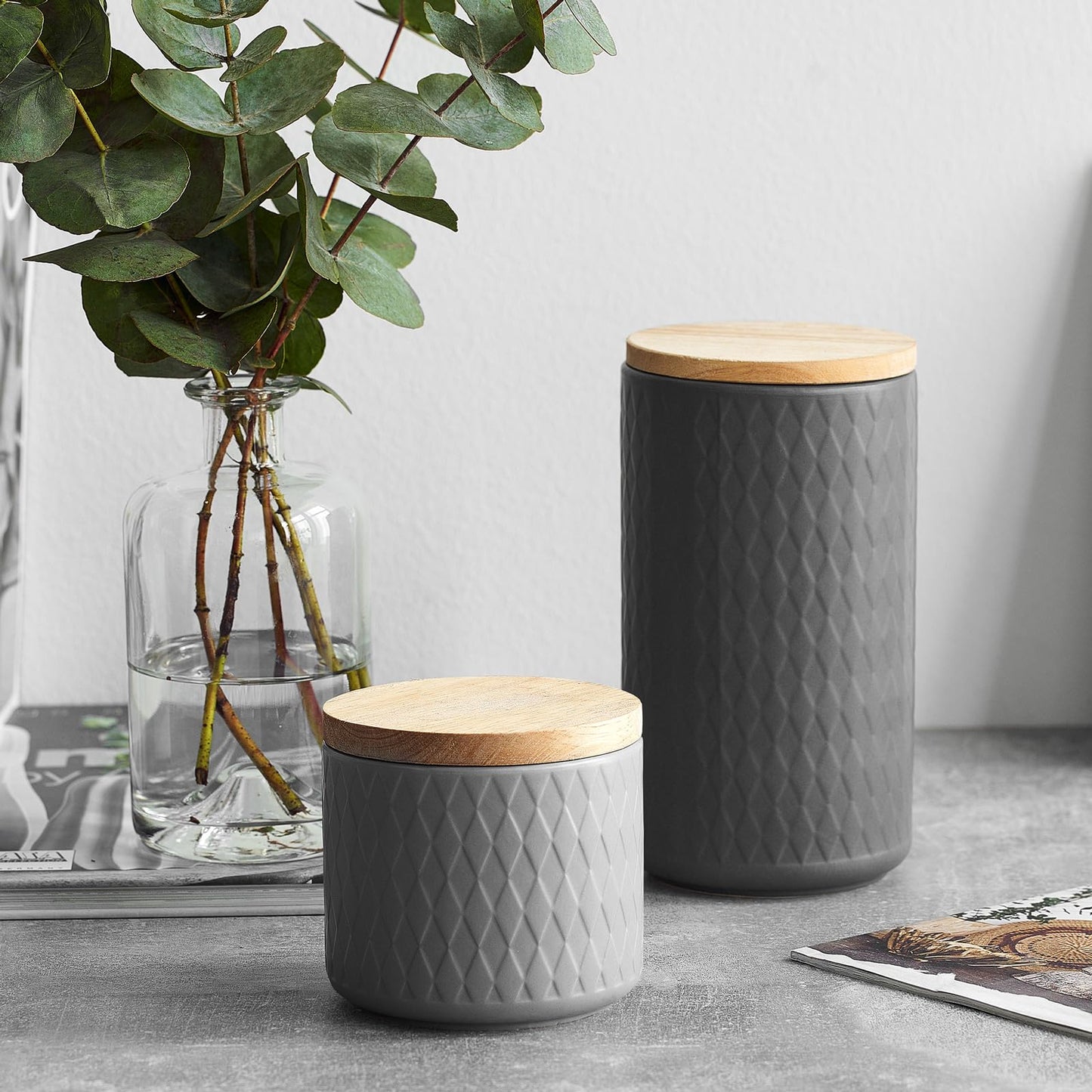 SPRINGLANE Ceramic Storage Jars 2-piece Set with Wood Lid Gray, Rubberwood Lid, Storage Containers, Fresh-keeping Jars