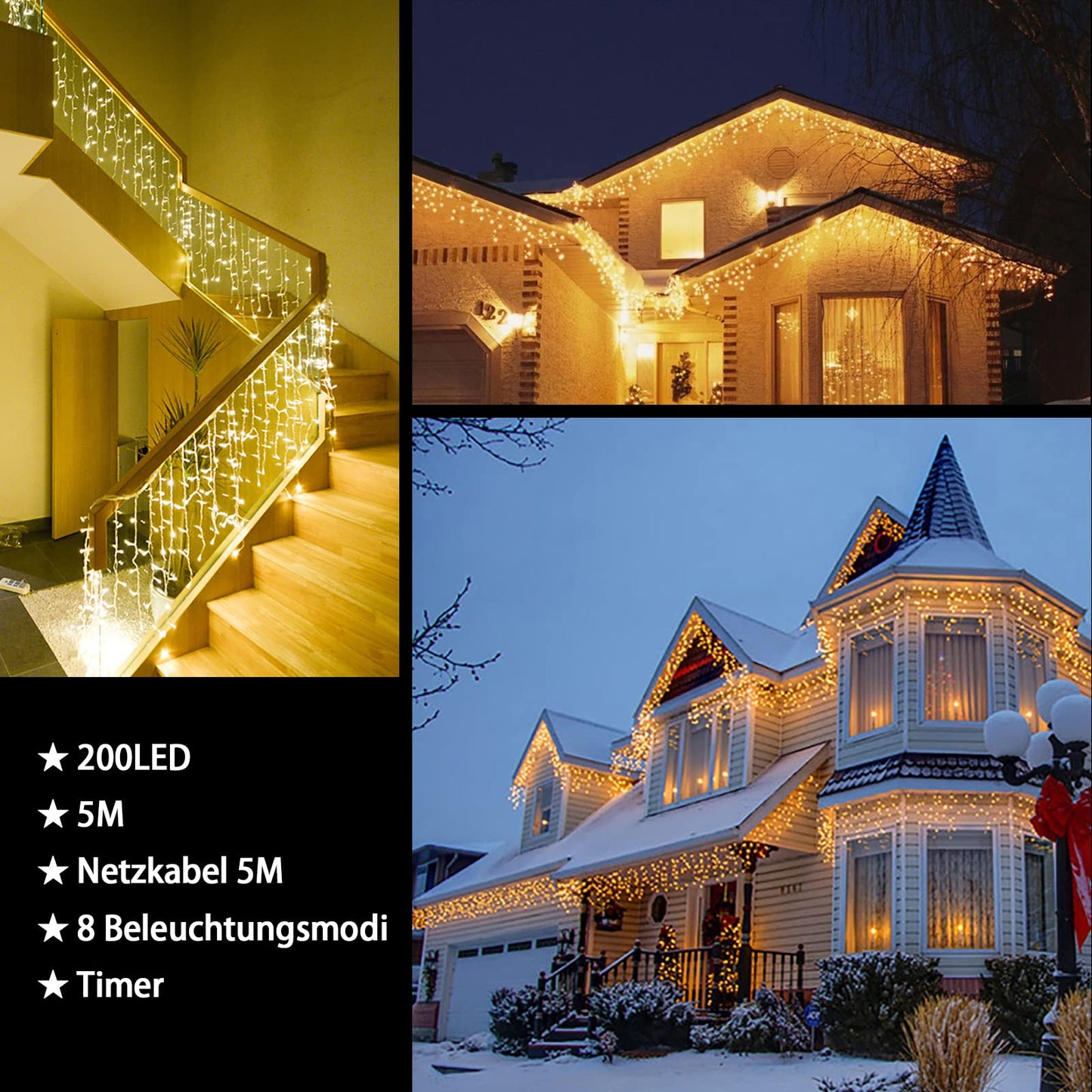 String lights Ice rain Outdoor, 5m 200 LED light curtain LED with timer, IP44 waterproof 8 modes for indoor outdoor Christmas, Bedroom, Party, Wedding, Balcony, Garden Decoration