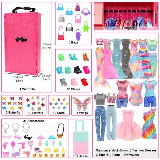 Miunana wardrobe 101 doll clothing accessories closet dresses shoes hangers necklaces crowns bag accessories for 11.5 inch dolls